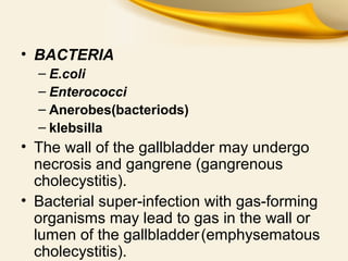 • BACTERIA
– E.coli
– Enterococci
– Anerobes(bacteriods)
– klebsilla
• The wall of the gallbladder may undergo
necrosis and gangrene (gangrenous
cholecystitis).
• Bacterial super-infection with gas-forming
organisms may lead to gas in the wall or
lumen of the gallbladder(emphysematous
cholecystitis).
 
