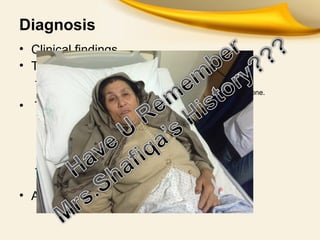 Diagnosis
• Clinical findings
• The main symptom of uncomplicated
– biliarycolic
– caused by the obstruction of the gallbladder neck bya stone.
• The pain is characteristically
• Episodic
• Severe
• Located in the epigastrium or RUQ.
• Radiates into the back
– It frequentlyfollows after
• food intake or comes on at night.
• Accompanied by nauseaand vomiting.
 