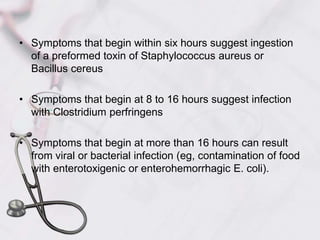  Symptoms that begin within six hours suggest ingestion of a preformed toxin of Staphylococcus aureus or Bacillus cereusSymptoms that begin at 8 to 16 hours suggest infection with Clostridium perfringensSymptoms that begin at more than 16 hours can result from viral or bacterial infection (eg, contamination of food with enterotoxigenic or enterohemorrhagic E. coli).