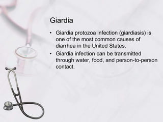GiardiaGiardia protozoa infection (giardiasis) is one of the most common causes of diarrhea in the United States. Giardia infection can be transmitted through water, food, and person-to-person contact.