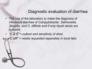 Diagnostic evaluation of diarrheaThe use of the laboratory to make the diagnosis of infectious diarrhea of Campylobacter, Salmonella, Shigella, and C. difficile and if only liquid stools are cultured.“C & S” = culture and sensitivity of stool“C diff” = needs requested separately in local labs