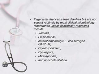 Organisms that can cause diarrhea but are not sought routinely by most clinical microbiology laboratories unless specifically requested include Yersinia, Plesiomonas, enterohemorrhagic E. coli serotype O157:H7, Cryptosporidium, Cyclospora, Microsporidia, and noncholeraVibrio. 