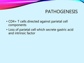 PATHOGENESIS
• CD4+ T cells directed against parietal cell
components
• Loss of parietal cell which secrete gastric acid
and intrinsic factor
 