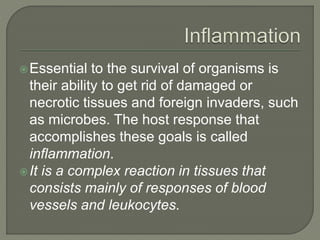 Essential to the survival of organisms is
their ability to get rid of damaged or
necrotic tissues and foreign invaders, such
as microbes. The host response that
accomplishes these goals is called
inflammation.
It is a complex reaction in tissues that
consists mainly of responses of blood
vessels and leukocytes.
 