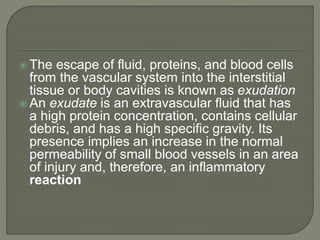  The escape of fluid, proteins, and blood cells
from the vascular system into the interstitial
tissue or body cavities is known as exudation
 An exudate is an extravascular fluid that has
a high protein concentration, contains cellular
debris, and has a high specific gravity. Its
presence implies an increase in the normal
permeability of small blood vessels in an area
of injury and, therefore, an inflammatory
reaction
 