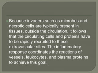 Because invaders such as microbes and
necrotic cells are typically present in
tissues, outside the circulation, it follows
that the circulating cells and proteins have
to be rapidly recruited to these
extravascular sites. The inflammatory
response coordinates the reactions of
vessels, leukocytes, and plasma proteins
to achieve this goal.
 