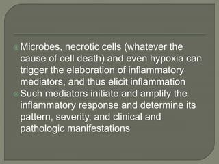 Microbes, necrotic cells (whatever the
cause of cell death) and even hypoxia can
trigger the elaboration of inflammatory
mediators, and thus elicit inflammation
Such mediators initiate and amplify the
inflammatory response and determine its
pattern, severity, and clinical and
pathologic manifestations
 
