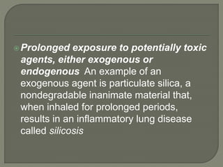 Prolonged exposure to potentially toxic
agents, either exogenous or
endogenous An example of an
exogenous agent is particulate silica, a
nondegradable inanimate material that,
when inhaled for prolonged periods,
results in an inflammatory lung disease
called silicosis
 