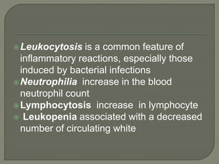 Leukocytosis is a common feature of
inflammatory reactions, especially those
induced by bacterial infections
Neutrophilia increase in the blood
neutrophil count
Lymphocytosis increase in lymphocyte
 Leukopenia associated with a decreased
number of circulating white
 
