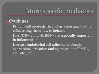 Cytokines
• Protein cell products that act as a message to other
cells, telling them how to behave.
• IL-1, TNF- and -, IFN- are especially important
in inflammation.
• Increase endothelial cell adhesion molecule
expression, activation and aggregation of PMNs,
etc., etc., etc.
 