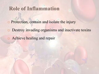 Role of Inflammation
 Protection, contain and isolate the injury
 Destroy invading organisms and inactivate toxins
 Achieve healing and repair
 