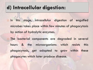 d) Intracellular digestion:
 In this stage, intracellular digestion of engulfed
microbes takes place within few minutes of phagocytosis
by action of hydrolytic enzymes.
 The bacterial components are degraded in several
hours & the microorganisms which resists this
phagocytosis, get adapted to grow within these
phagocytes which later produce disease.
 