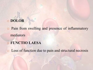  DOLOR
 Pain from swelling and presence of inflammatory
mediators
 FUNCTIO LAESA
 Loss of function due to pain and structural necrosis
 