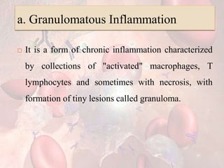 a. Granulomatous Inflammation
 It is a form of chronic inflammation characterized
by collections of "activated" macrophages, T
lymphocytes and sometimes with necrosis, with
formation of tiny lesions called granuloma.
 