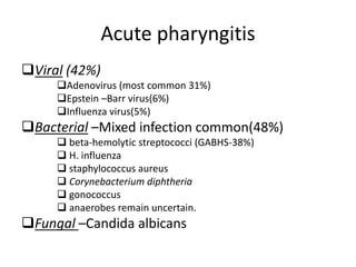 Acute pharyngitis
Viral (42%)
Adenovirus (most common 31%)
Epstein –Barr virus(6%)
Influenza virus(5%)
Bacterial –Mixed infection common(48%)
 beta-hemolytic streptococci (GABHS-38%)
 H. influenza
 staphylococcus aureus
 Corynebacterium diphtheria
 gonococcus
 anaerobes remain uncertain.
Fungal –Candida albicans
 