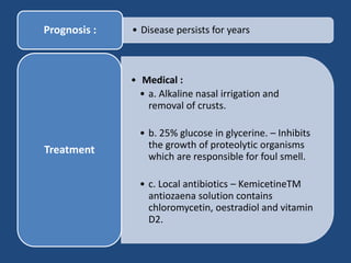 • Disease persists for years
Prognosis :
• Medical :
• a. Alkaline nasal irrigation and
removal of crusts.
• b. 25% glucose in glycerine. – Inhibits
the growth of proteolytic organisms
which are responsible for foul smell.
• c. Local antibiotics – KemicetineTM
antiozaena solution contains
chloromycetin, oestradiol and vitamin
D2.
Treatment
 