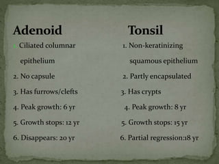 1. Ciliated columnar 1. Non-keratinizing
epithelium squamous epithelium
2. No capsule 2. Partly encapsulated
3. Has furrows/clefts 3. Has crypts
4. Peak growth: 6 yr 4. Peak growth: 8 yr
5. Growth stops: 12 yr 5. Growth stops: 15 yr
6. Disappears: 20 yr 6. Partial regression:18 yr
 