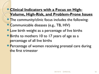 Clinical Indicators with a Focus on High- 
Volume, High-Risk, and Problem-Prone Issues 
The community/clinic focus includes the following: 
Communicable diseases (e.g., TB, HIV) 
Low birth weight as a percentage of live births 
Births to mothers 10 to 17 years of age as a 
percentage of all live births 
Percentage of women receiving prenatal care during 
the first trimester 
09/19/14 DHRAVAL 30 
 