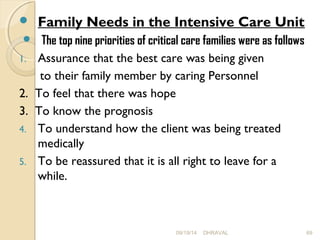  Family Needs in the Intensive Care Unit 
 The top nine priorities of critical care families were as follows 
1. Assurance that the best care was being given 
to their family member by caring Personnel 
2. To feel that there was hope 
3. To know the prognosis 
4. To understand how the client was being treated 
medically 
5. To be reassured that it is all right to leave for a 
while. 
09/19/14 DHRAVAL 69 
 
