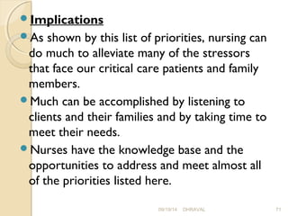 Implications 
As shown by this list of priorities, nursing can 
do much to alleviate many of the stressors 
that face our critical care patients and family 
members. 
Much can be accomplished by listening to 
clients and their families and by taking time to 
meet their needs. 
Nurses have the knowledge base and the 
opportunities to address and meet almost all 
of the priorities listed here. 
09/19/14 DHRAVAL 71 
 