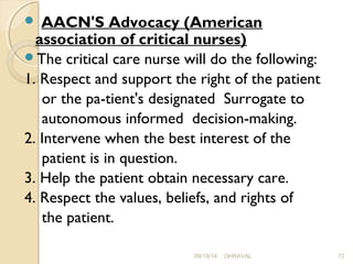  AACN'S Advocacy (American 
association of critical nurses) 
The critical care nurse will do the following: 
1. Respect and support the right of the patient 
or the pa­tient's 
designated Surrogate to 
autonomous informed decision-making. 
2. Intervene when the best interest of the 
patient is in question. 
3. Help the patient obtain necessary care. 
4. Respect the values, beliefs, and rights of 
the patient. 
09/19/14 DHRAVAL 72 
 