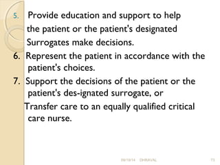 5. Provide education and support to help 
the patient or the patient's designated 
Surrogates make decisions. 
6. Represent the patient in accordance with the 
patient's choices. 
7. Support the decisions of the patient or the 
patient's des­ignated 
surrogate, or 
Transfer care to an equally qualified critical 
care nurse. 
09/19/14 DHRAVAL 73 
 