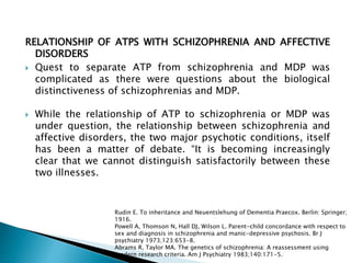 RELATIONSHIP OF ATPS WITH SCHIZOPHRENIA AND AFFECTIVE
DISORDERS
 Quest to separate ATP from schizophrenia and MDP was
complicated as there were questions about the biological
distinctiveness of schizophrenias and MDP.
 While the relationship of ATP to schizophrenia or MDP was
under question, the relationship between schizophrenia and
affective disorders, the two major psychotic conditions, itself
has been a matter of debate. “It is becoming increasingly
clear that we cannot distinguish satisfactorily between these
two illnesses.
Rudin E. To inheritance and Neuentslehung of Dementia Praecox. Berlin: Springer;
1916.
Powell A, Thomson N, Hall DJ, Wilson L. Parent-child concordance with respect to
sex and diagnosis in schizophrenia and manic-depressive psychosis. Br J
psychiatry 1973;123:653-8.
Abrams R, Taylor MA. The genetics of schizophrenia: A reassessment using
modern research criteria. Am J Psychiatry 1983;140:171-5.
 