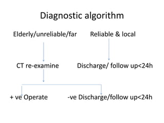 Diagnostic algorithm
Elderly/unreliable/far Reliable & local
CT re-examine Discharge/ follow up<24h
+ ve Operate -ve Discharge/follow up<24h
 