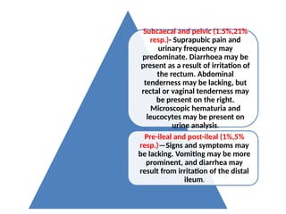 Subcaecal and pelvic (1.5%,21%
resp.)- Suprapubic pain and
urinary frequency may
predominate. Diarrhoea may be
present as a result of irritation of
the rectum. Abdominal
tenderness may be lacking, but
rectal or vaginal tenderness may
be present on the right.
Microscopic hematuria and
leucocytes may be present on
urine analysis.
Pre-ileal and post-ileal (1%,5%
resp.)—Signs and symptoms may
be lacking. Vomiting may be more
prominent, and diarrhea may
result from irritation of the distal
ileum.
 