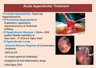 Acute Appendicitis- Treatment
✓If simple Appendicitis→ Open/Lap
Appendicectomy
✓If Perforated Appendicitis→
Exploratory Laparotomy,
Appendicectomy & Peritoneal
toileting
✓If Appendicular Abscess < 5cms→ USG
guided Needle aspiration or
tube drain. If >5cms→ Open drain
✓If Appendicular Lump:
- Ochsner-Sherren Regimen of Conservative
treatment
- NPO & IVF
- IV broad spectrum Antibiotics
- Analgesics & Anti-inflammatory drugs
- Vital Signs Q2H
 