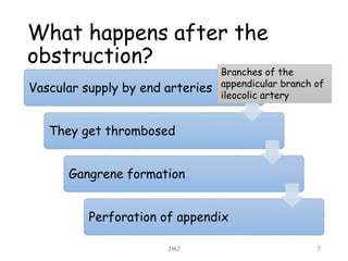 What happens after the
obstruction?
JMJ 7
Vascular supply by end arteries
They get thrombosed
Gangrene formation
Perforation of appendix
Branches of the
appendicular branch of
ileocolic artery
 