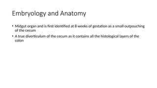 Embryology and Anatomy
• Midgut organ and is first identified at 8 weeks of gestation as a small outpouching
of the cecum
• A true diverticulum of the cecum as it contains all the histological layers of the
colon
 