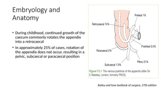 Embryology and
Anatomy
• During childhood, continued growth of the
caecum commonly rotates the appendix
into a retrocaecal
• In approximately 25% of cases, rotation of
the appendix does not occur, resulting in a
pelvic, subcaecal or paracaecal position
Bailey and love textbook of surgery, 27th edition
 
