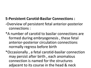5-Persistent Carotid-Basilar Connections :
-Overview of persistent fetal anterior-posterior
connections :
*A number of carotid to basilar connections are
formed during embryogenesis , these fetal
anterior-posterior circulation connections
normally regress before birth
*Occasionally , a fetal carotid-basilar connection
may persist after birth , each anomalous
connection is named for the structures
adjacent to its course in the head & neck
 