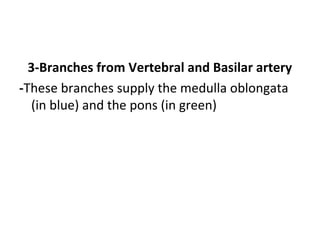 3-Branches from Vertebral and Basilar artery
-These branches supply the medulla oblongata
(in blue) and the pons (in green)
 