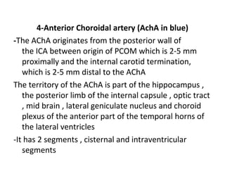 4-Anterior Choroidal artery (AchA in blue)
-The AChA originates from the posterior wall of
the ICA between origin of PCOM which is 2-5 mm
proximally and the internal carotid termination,
which is 2-5 mm distal to the AChA
The territory of the AChA is part of the hippocampus ,
the posterior limb of the internal capsule , optic tract
, mid brain , lateral geniculate nucleus and choroid
plexus of the anterior part of the temporal horns of
the lateral ventricles
-It has 2 segments , cisternal and intraventricular
segments
 