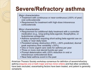Severe/Refractory asthma




American Thoracic Society workshop consensus for definition of severe/refractory
asthma (requires one or both major and two minor criteria and that other conditions
have been excluded, exacerbating factors have been treated, and patient is generally
compliant).
 