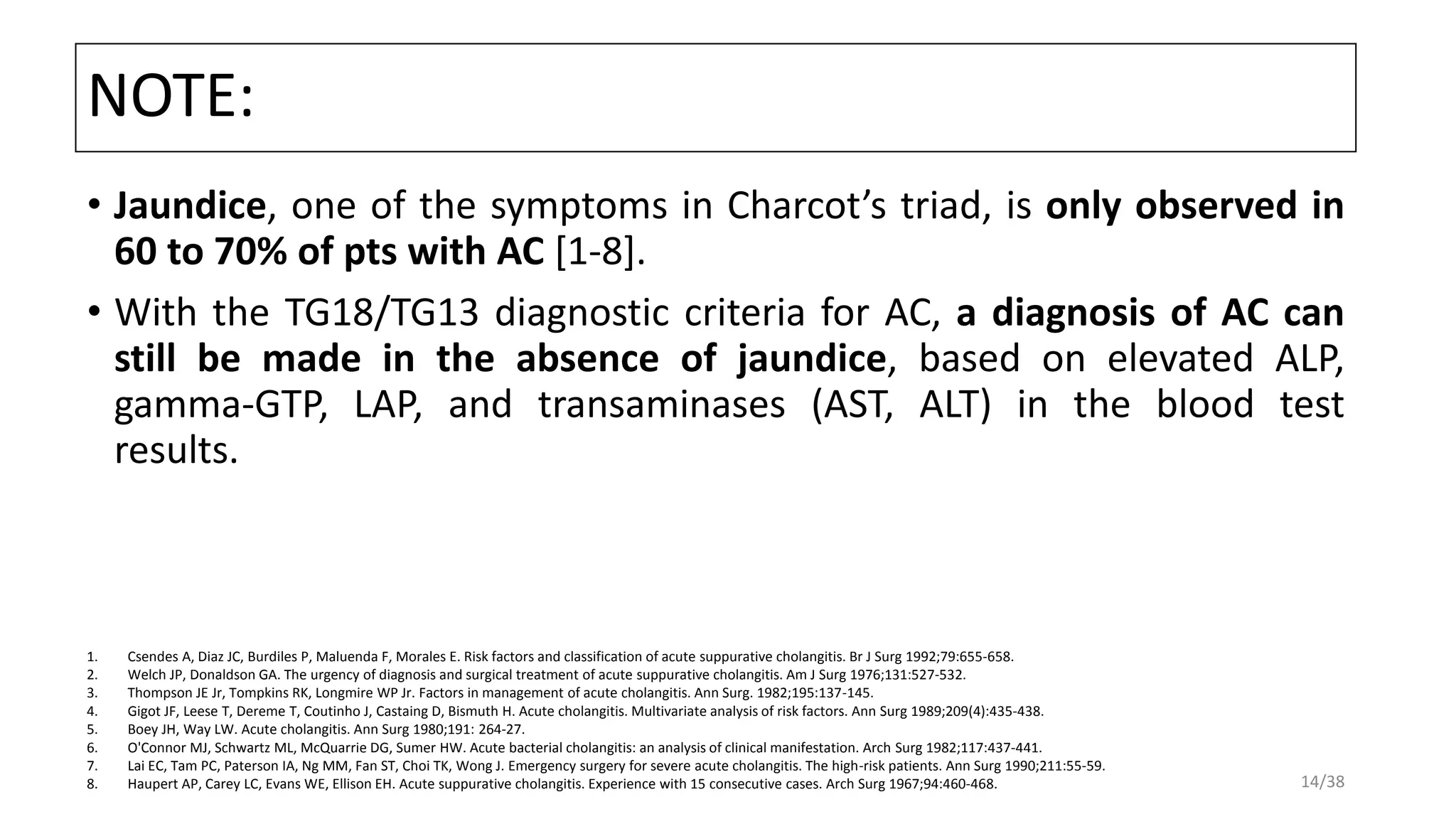 NOTE:
• Jaundice, one of the symptoms in Charcot’s triad, is only observed in
60 to 70% of pts with AC [1-8].
• With the TG18/TG13 diagnostic criteria for AC, a diagnosis of AC can
still be made in the absence of jaundice, based on elevated ALP,
gamma-GTP, LAP, and transaminases (AST, ALT) in the blood test
results.
1. Csendes A, Diaz JC, Burdiles P, Maluenda F, Morales E. Risk factors and classification of acute suppurative cholangitis. Br J Surg 1992;79:655-658.
2. Welch JP, Donaldson GA. The urgency of diagnosis and surgical treatment of acute suppurative cholangitis. Am J Surg 1976;131:527-532.
3. Thompson JE Jr, Tompkins RK, Longmire WP Jr. Factors in management of acute cholangitis. Ann Surg. 1982;195:137-145.
4. Gigot JF, Leese T, Dereme T, Coutinho J, Castaing D, Bismuth H. Acute cholangitis. Multivariate analysis of risk factors. Ann Surg 1989;209(4):435-438.
5. Boey JH, Way LW. Acute cholangitis. Ann Surg 1980;191: 264-27.
6. O'Connor MJ, Schwartz ML, McQuarrie DG, Sumer HW. Acute bacterial cholangitis: an analysis of clinical manifestation. Arch Surg 1982;117:437-441.
7. Lai EC, Tam PC, Paterson IA, Ng MM, Fan ST, Choi TK, Wong J. Emergency surgery for severe acute cholangitis. The high-risk patients. Ann Surg 1990;211:55-59.
8. Haupert AP, Carey LC, Evans WE, Ellison EH. Acute suppurative cholangitis. Experience with 15 consecutive cases. Arch Surg 1967;94:460-468. 14/38
 