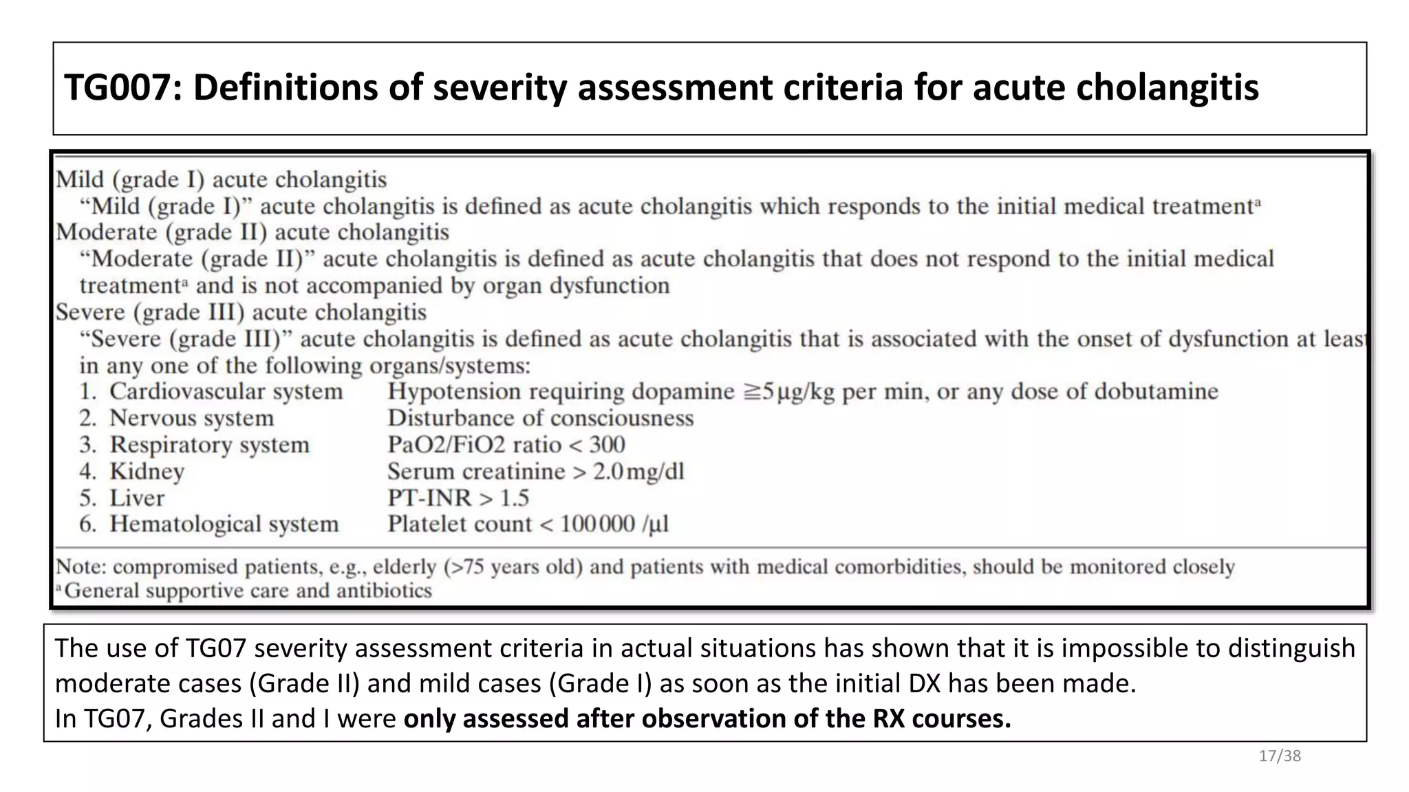 TG007: Definitions of severity assessment criteria for acute cholangitis
The use of TG07 severity assessment criteria in actual situations has shown that it is impossible to distinguish
moderate cases (Grade II) and mild cases (Grade I) as soon as the initial DX has been made.
In TG07, Grades II and I were only assessed after observation of the RX courses.
17/38
 