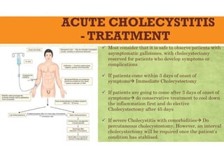 ACUTE CHOLECYSTITIS
- TREATMENT
 Most consider that it is safe to observe patients with
asymptomatic gallstones, with cholecystectomy
reserved for patients who develop symptoms or
complications
 If patients come within 3 days of onset of
symptoms Immediate Cholecystectomy
 If patients are going to come after 3 days of onset of
symptoms do conservative treatment to cool down
the inflammation first and do elective
Cholecystectomy after 45 days
 If severe Cholecystitis with comorbidities Do
percutaneous cholecystostomy. However, an interval
cholecystectomy will be required once the patient’s
condition has stablised.
 