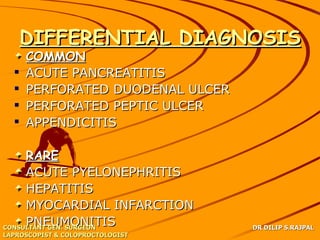 DIFFERENTIAL DIAGNOSIS
      COMMON
     ACUTE PANCREATITIS
     PERFORATED DUODENAL ULCER
     PERFORATED PEPTIC ULCER
     APPENDICITIS

     RARE
     ACUTE PYELONEPHRITIS
     HEPATITIS
     MYOCARDIAL INFARCTION
     PNEUMONITIS
CONSULTANT GEN. SURGEON           DR DILIP S.RAJPAL
LAPROSCOPIST & COLOPROCTOLOGIST
 