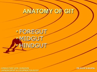ANATOMY OF GIT


              FOREGUT
              MIDGUT
              HINDGUT


CONSULTANT GEN. SURGEON           DR DILIP S.RAJPAL
LAPROSCOPIST & COLOPROCTOLOGIST
 