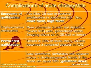 Complications of acute cholecystitis
Empyema of            Pus-filled GB due to bacterial
gallbladder           proliferation in obstructed GB. Usu.
                      more toxic, high fever

Emphysematous More commonly in men and diabetics.
cholecystitis Severe RUQ pain, generalized sepsis.
                      Imaging shows air in GB wall or lumen

Perforated            Occurs in 10% of acute chol’y, usually
gallbladder           becomes a contained abscess in RUQ


                      Less commonly, perforates into adjacent
                      viscus = cholecystoenteric fistula & the
                      stone can cause SBO (gallstone ileus)
CONSULTANT GEN. SURGEON                            DR DILIP S.RAJPAL
LAPROSCOPIST & COLOPROCTOLOGIST
 