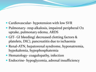  Cardiovascular- hypotension with low SVR
 Pulmonary- resp alkalosis, impaired peripheral O2
uptake, pulmonary edema, ARDS
 GIT- GI bleeding( decreased clotting factors &
platelets, DIC), pancreatitis due to ischaemia
 Renal-ATN, hepatorenal syndrome, hyponatremia,
hypokalemia, hypophosphatemia
 Hematology- coagulopathy, infection
 Endocrine- hypoglycemia, adrenal insufficiency
 