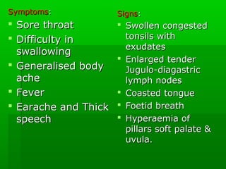 SymptomsSymptoms::
 Sore throatSore throat
 Difficulty inDifficulty in
swallowingswallowing
 Generalised bodyGeneralised body
acheache
 FeverFever
 Earache and ThickEarache and Thick
speechspeech
SignsSigns::
 Swollen congestedSwollen congested
tonsils withtonsils with
exudatesexudates
 Enlarged tenderEnlarged tender
Jugulo-diagastricJugulo-diagastric
lymph nodeslymph nodes
 Coasted tongueCoasted tongue
 Foetid breathFoetid breath
 Hyperaemia ofHyperaemia of
pillars soft palate &pillars soft palate &
uvula.uvula.
 