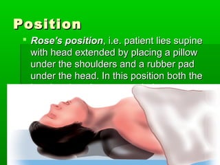 PositionPosition
 Rose's positionRose's position, i.e. patient lies supine, i.e. patient lies supine
with head extended by placing a pillowwith head extended by placing a pillow
under the shoulders and a rubber padunder the shoulders and a rubber pad
under the head. In this position both theunder the head. In this position both the
head and neck are extended.head and neck are extended.
 