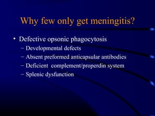 Why few only get meningitis?
• Defective opsonic phagocytosis
– Developmental defects
– Absent preformed anticapsular antibodies
– Deficient complement/properdin system
– Splenic dysfunction
 