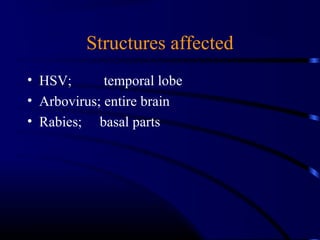 Structures affected
• HSV; temporal lobe
• Arbovirus; entire brain
• Rabies; basal parts
 