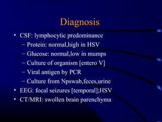 Diagnosis
• CSF: lymphocytic predominance
– Protein: normal,high in HSV
– Glucose: normal,low in mumps
– Culture of organism [entero V]
– Viral antigen by PCR
– Culture from Npswab,feces,urine
• EEG: focal seizures [temporal];HSV
• CT/MRI: swollen brain parenchyma
 