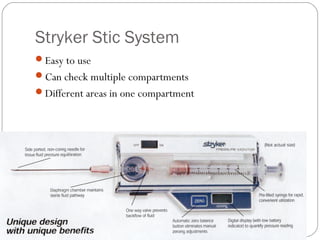 Stryker Stic System
Easy to use
Can check multiple compartments
Different areas in one compartment
 